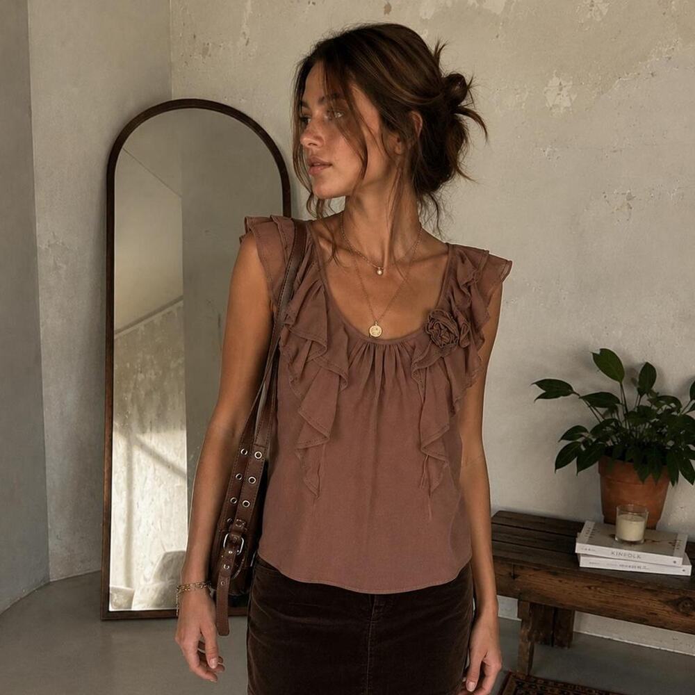 Blue Orchid 100% Silk Ruffle Blouse Mocha Brown Size M